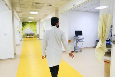 Doctor Mohammad Nour Al Saeed showing the SEHA ICU Center at Dubai Parks and Resorts in Dubai on April 26,2021. (Pawan Singh/The National). Story by Nick Webster