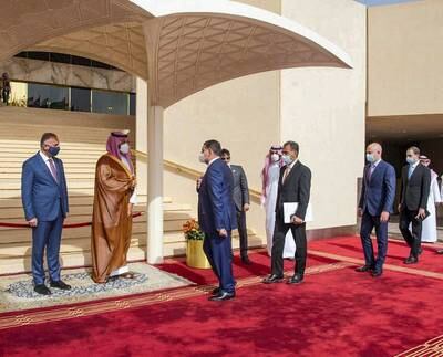 Crown Prince of Saudi Arabia Mohammed bin Salman and Iraq's Prime Minister Mustafa Al Kadhimi in Riyadh. SPA