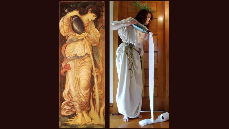Suzanne King swaps out Temperantia's jug of water with toilet paper as she recreates Edward Burne-Jones' allegorical painting of the ancient Roman goddess. Via @thesuzeum / Twitter