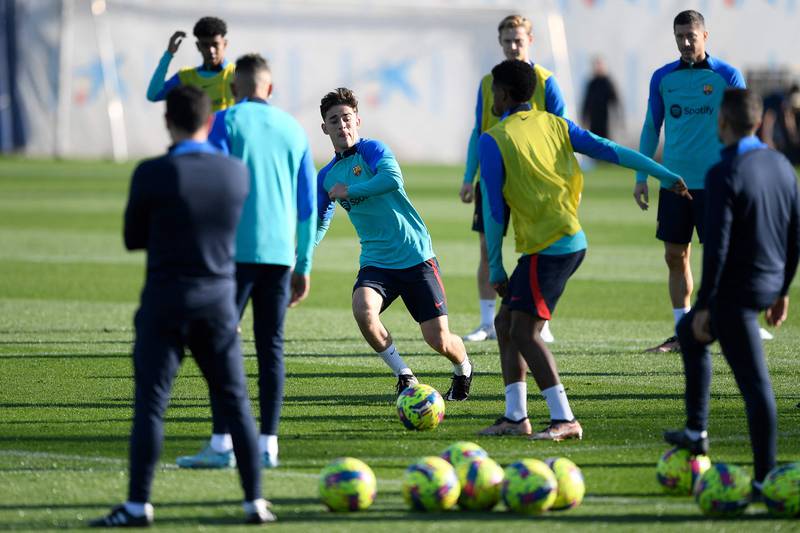 Gavi and Barcelona teammates during training. AFP