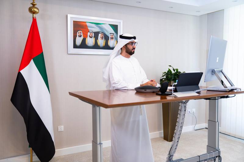 Dr Sultan Al Jaber, Minister of State, attends a remote cabinet meeting on Sunday. Courtesy: UAE Government Twitter