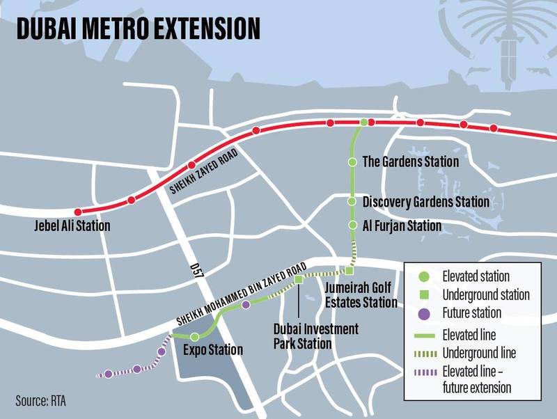 Dubai Metro extension map showing the new Route 2020. Photo: RTA