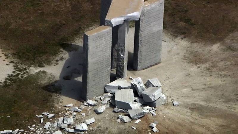 This aerial image taken from video, show damage to the Georgia Guidestones monument near Elberton, Ga. , on Wednesday, July 6, 2022.  The Georgia Bureau of Investigation said the monument, which some Christians regard as satanic, was damaged by an explosion before dawn.  (WSB-TV via AP)