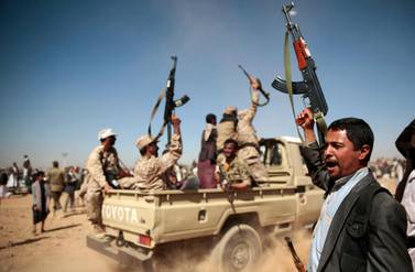 Tribesmen loyal to Houthi rebels chant slogans to mobilise people into battlefronts to fight pro-government forces, in Sanaa, Yemen. AP