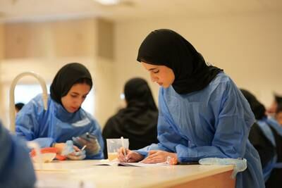 Emirati high school pupils work in a lab in Abu Dhabi as part of an intensive programme conducted by  IIT Delhi, the Indian Institute of Technology, India’s top engineering university that will open its first overseas branch in the UAE next year.