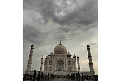 Moody skies shroud the magnificent Taj Mahal.