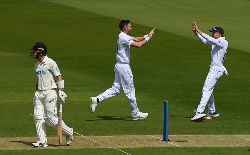 England's James Anderson celebrates after dismissing Will Young of New Zealand during day one of the First Test at Lord's on June 02, 2022. Getty