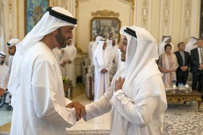 ABU DHABI, UNITED ARAB EMIRATES - September 17, 2019: HH Sheikh Mohamed bin Zayed Al Nahyan, Crown Prince of Abu Dhabi and Deputy Supreme Commander of the UAE Armed Forces (L), receives a member of the Young Arab Media Leaders Programme, during a Sea Palace barza.

( Hamad Al Kaabi / Ministry of Presidential Affairs )​
---