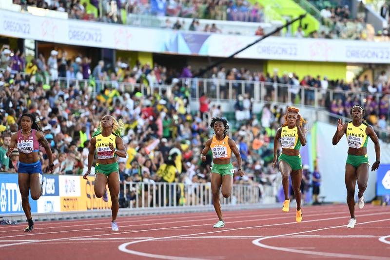 (From L to R): Aleia Hobbs, Shelly-Ann Fraser-Pryce, Marie-Josee Ta Lou, Elaine Thompson-Herah and Shericka Jackson compete in the women's 100m final. AFP