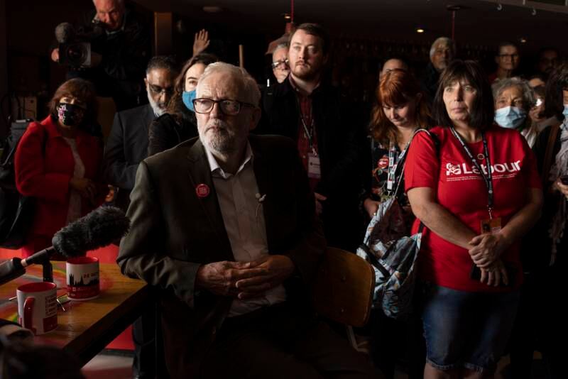 Former Labour leader Jeremy Corbyn takes part in a question and answer session with delegates during a fringe meeting in Brighton. Getty Images