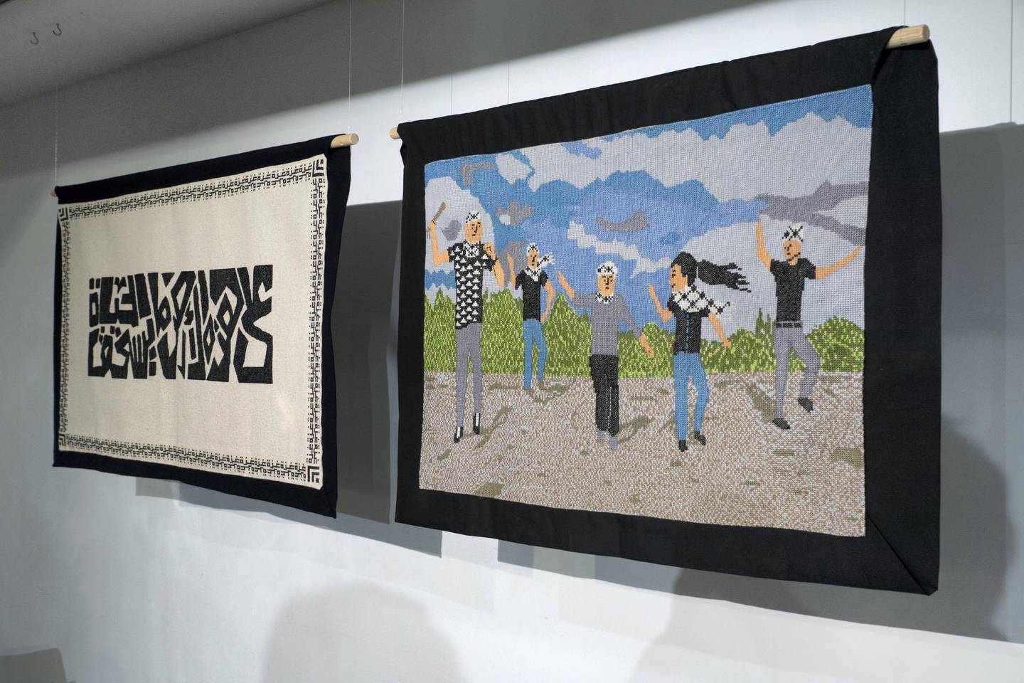On this land and Great march of return, Palestine History Tapestry exhibition, which recently opened at the P21 Gallery in London. Photo by William Parry.