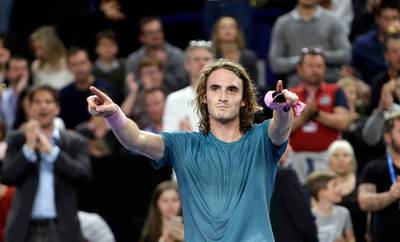 Stefanos Tsitsipas of Greece celebrates after defeating Mikhail Kukushkin of Kazakhstan during their final match at the Open 13 Provence tennis tournament in Marseille, southern France, Sunday Feb. 24, 2019. (AP Photo/Claude Paris)
