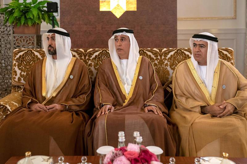 ABU DHABI, UNITED ARAB EMIRATES - July 19, 2018: (L-R) HE Mohamed Mubarak Al Mazrouei, Undersecretary of the Crown Prince Court of Abu Dhabi, HE Jaber Al Suwaidi, General Director of the Crown Prince Court - Abu Dhabi, Ali Obaid Ali Al Dhaheri, UAE Ambassador to China, attend a reception held for HE Xi Jinping, President of China (not shown), at the Presidential Airport.

( Hamad Al Kaabi / Crown Prince Court - Abu Dhabi )
---