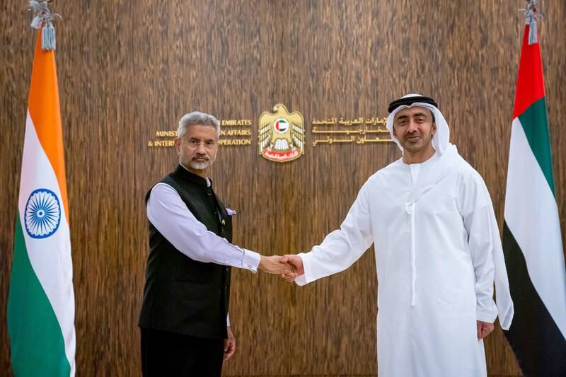 Dr. Subrahmanyam Jaishankar, Minister of External Affairs of the Republic of India shakes hands with Sheikh Abdullah bin Zayed Al Nahyan, Minister of Foreign Affairs and International Cooperation. Wam