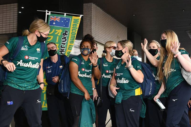 Australian softball national team players arrive at their hotel in Ota City, Gunma prefecture. AFP