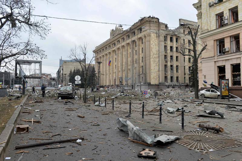 The city hall of Kharkiv, damaged by Russian shelling. AFP
