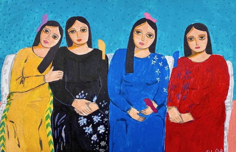 A painting by Haya Kaabneh, who depicts the hardships of women under occupation. Faisal Saleh / Palestine Museum US