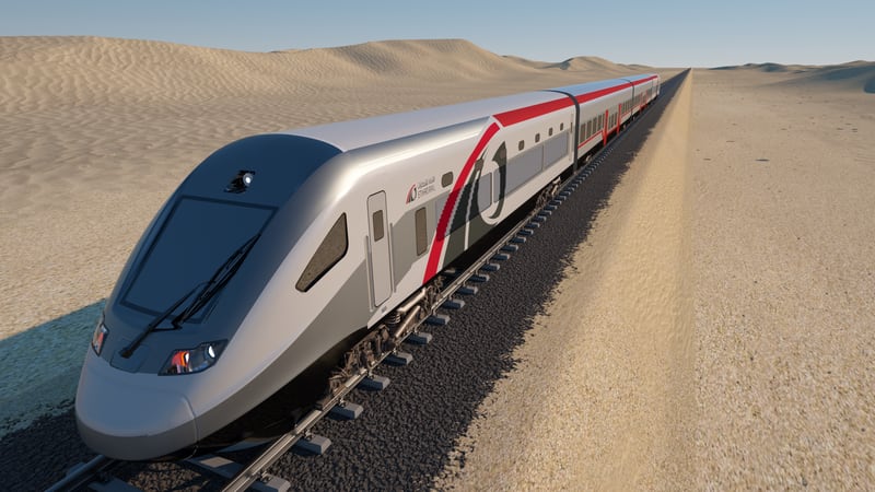 A rendering of a train to be used on the UAE’s new passenger rail service. All Photos: Etihad Rail