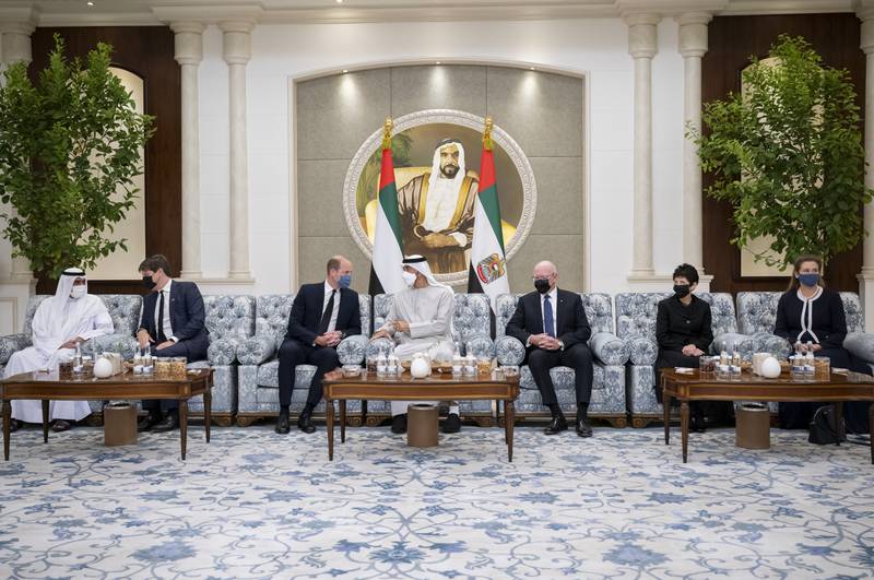 Prince William and Governor General of Australia David Hurley speak with the President, Sheikh Mohamed. With them are Sheikh Hamad bin Mohammed Al Sharqi, Ruler of Fujairah, and Patrick Moody, the UK's ambassador to the UAE.