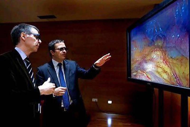 Two people observe a 3D image during the presentation of a new 3D High Definition laparoscopy technology, developed by Clinic Hospital, in Barcelona. Marta Perez / EPA