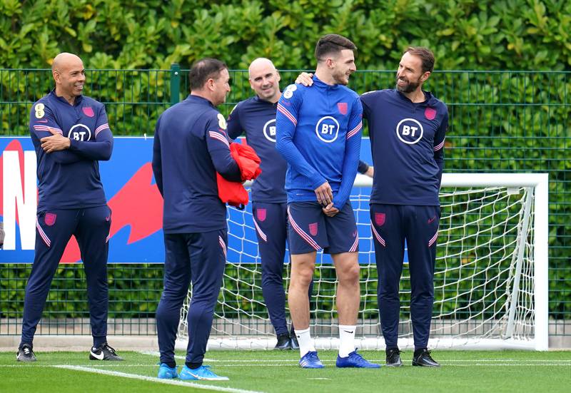 England manager Gareth Southgate  and Declan Rice during training on Saturday. PA