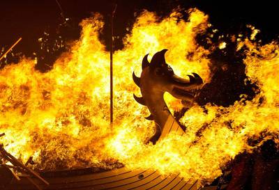 A Viking longboat burns during the annual Up Helly Aa festival in Lerwick. Andy Buchanan / AFP Photo