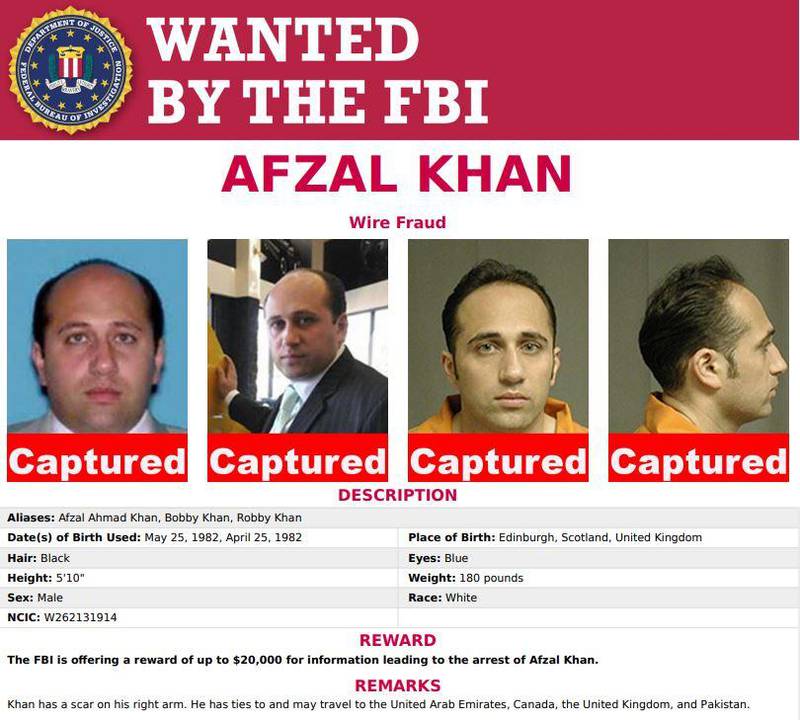 5. Mugshot images of Edinburgh-born alleged fraudster Afzal 'Bobby' Khan, who the FBI said was arrested in the Emirates. He was extradited to New Jersey, accused of fraud. Courtesy: FBI Most Wanted