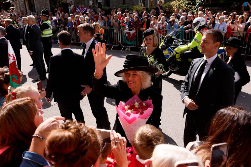 Queen consort Camilla outside Llandaff Cathedral. Reuters