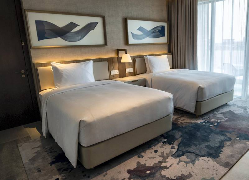 Abu Dhabi, United Arab Emirates, February 18, 2021. First-look pictures of the new Hilton Abu Dhabi Yas Island.  Deluxe two-bedroom suite.  Victor Besa/The National Section:  LFReporter:  Hayley Skirka