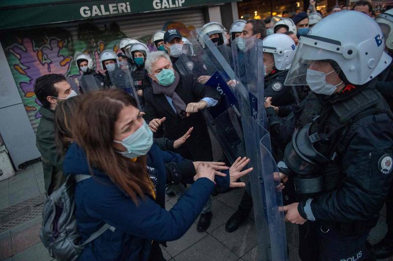 Protestors at Bogazici University remonstrate with riot police officers. AFP