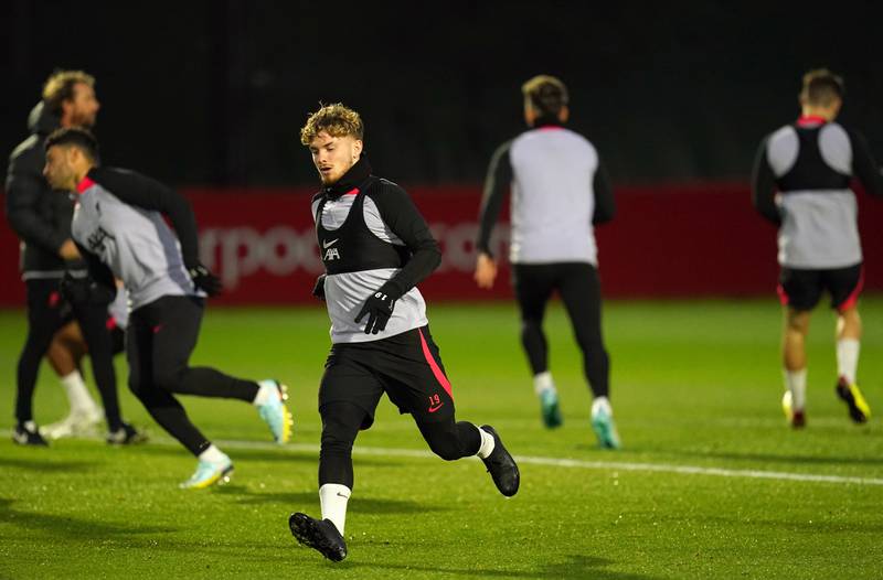 Liverpool's Harvey Elliott during a training session. PA