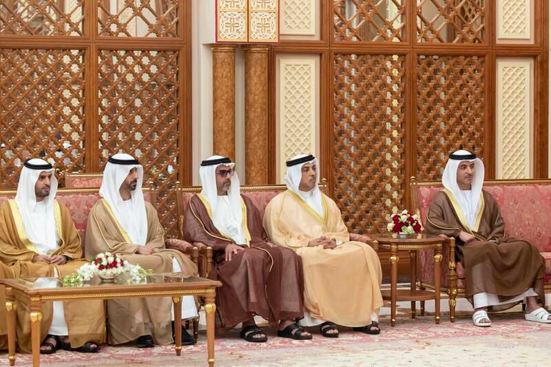 From left, Sheikh Mohamed bin Hamad, private affairs adviser at the Presidential Court; Sheikh Hamdan bin Mohamed; Sheikh Hamed bin Zayed, managing director of Abu Dhabi Investment Authority; Sheikh Mansour bin Zayed, Deputy Prime Minister and Minister of the Presidential Court; and Sheikh Hazza bin Zayed, vice chairman of the Abu Dhabi Executive Council, attend the meeting. Photo: UAE Presidential Court 