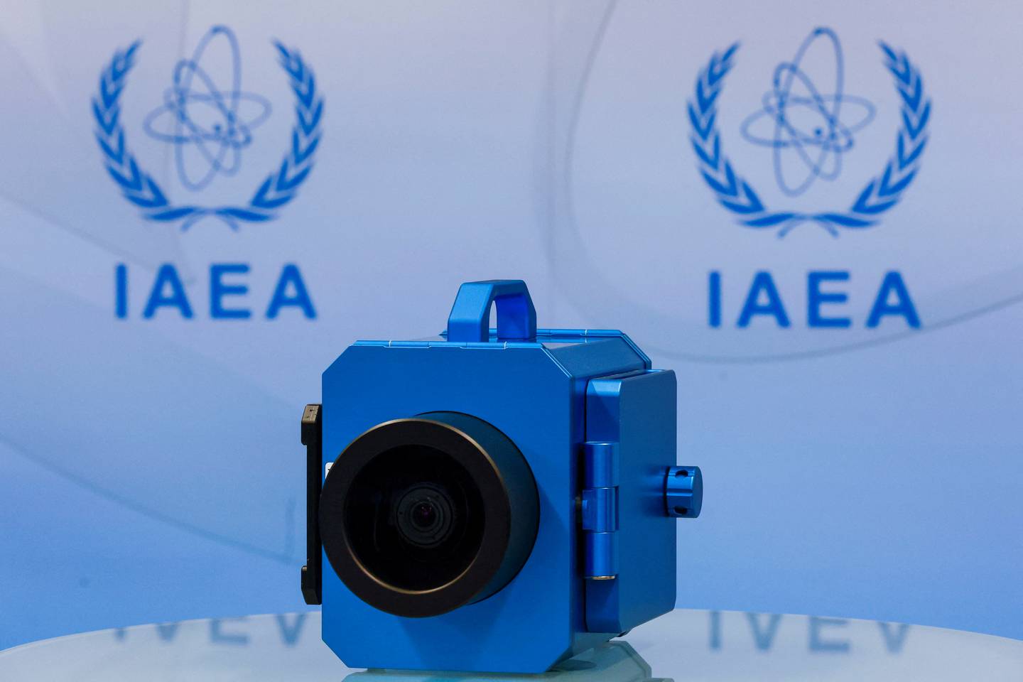 A surveillance camera is displayed during a news conference in Vienna, about developments related to the IAEA's monitoring and verification work in Iran. Reuters