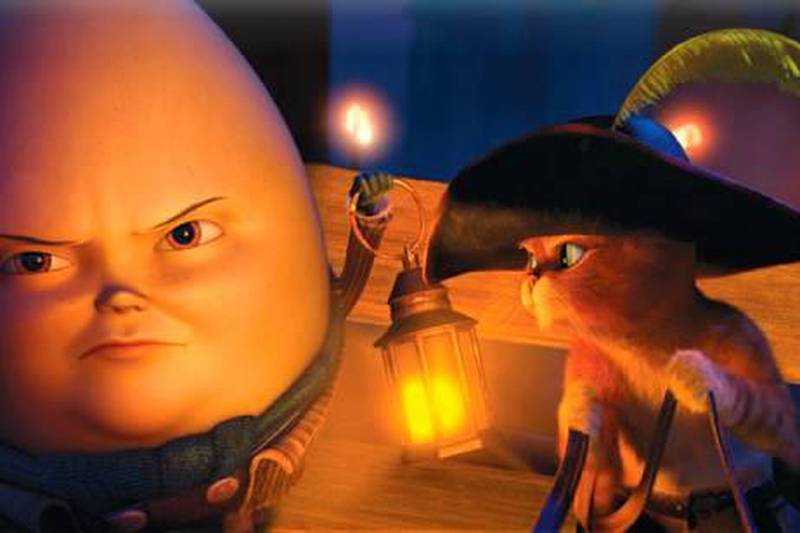 Humpty Dumpty (voice by Zach Galifianakis) and Puss in Boots (voice by Antonio Banderas) stars in DreamWorks Animation's PUSS IN BOOTS.