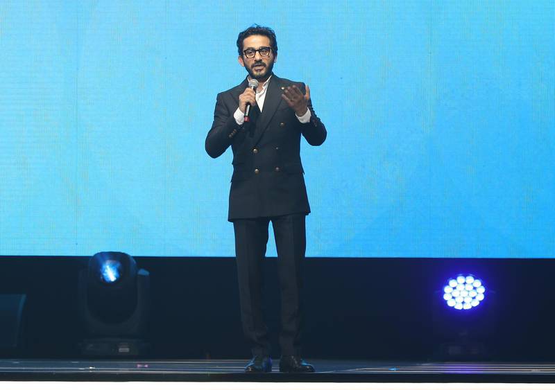 Dubai, United Arab Emirates - Reporter: Patrick Ryan: Ahmed Helmy Egyptian actor speaks at the Arab Hope Makers initiative with Sheikh Mohammed bin Rashid at the Coca Cola Arena. Thursday, February 20th, 2020. Coca Cola Arena, Dubai. Chris Whiteoak / The National