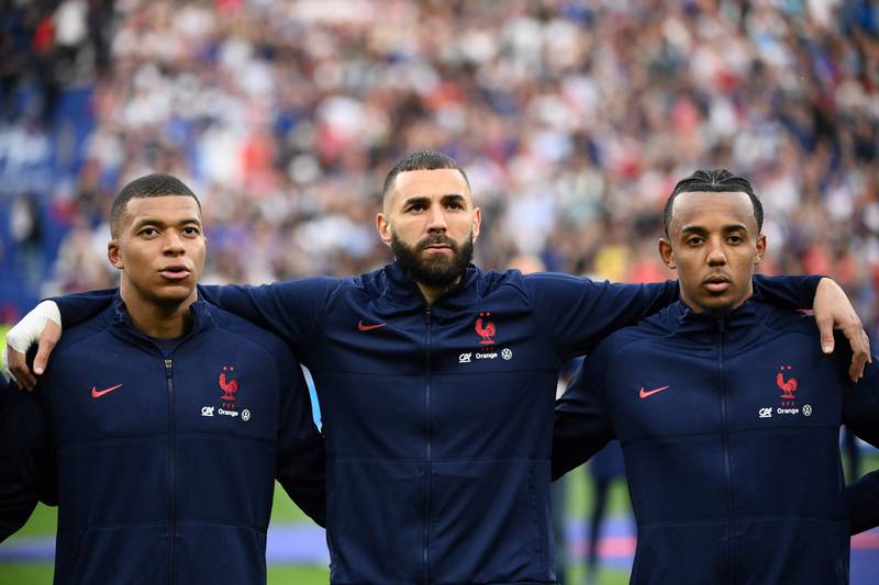 France's Kylian Mbappe, Karim Benzema and Jules Kounde prior to the Nations League match against Denmark. AFP