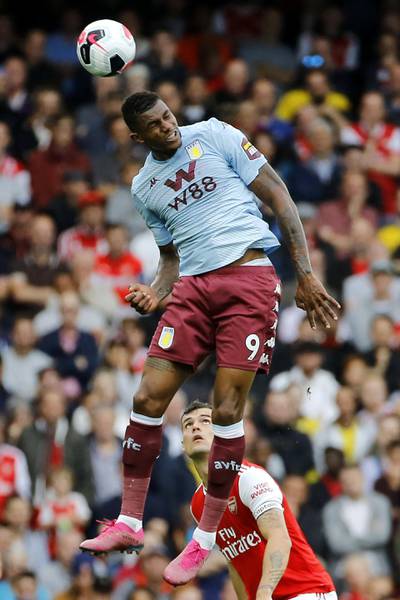 Aston Villa's Brazilian striker Wesley jumps to head the ball during the English Premier League football match between Arsenal and Aston Villa at the Emirates Stadium in London on September 22, 2019. (Photo by Tolga AKMEN / AFP) / RESTRICTED TO EDITORIAL USE. No use with unauthorized audio, video, data, fixture lists, club/league logos or 'live' services. Online in-match use limited to 120 images. An additional 40 images may be used in extra time. No video emulation. Social media in-match use limited to 120 images. An additional 40 images may be used in extra time. No use in betting publications, games or single club/league/player publications. / 
