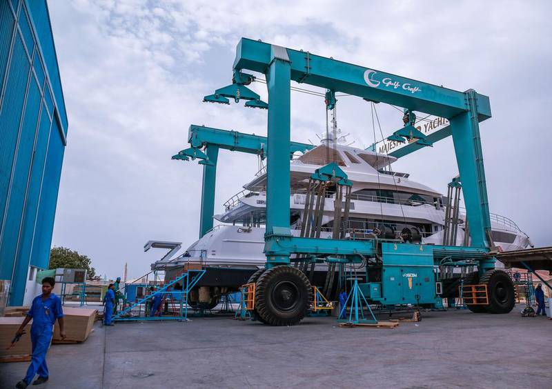 Boat yard facilities at Gulf Craft will have to be revamped to take vessels longer than its current range, such as the Majesty 110 (above). Victor Besa / The National