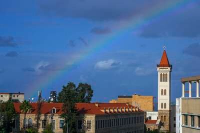 A rainbow over a church in downtown Beirut, Lebanon. AP