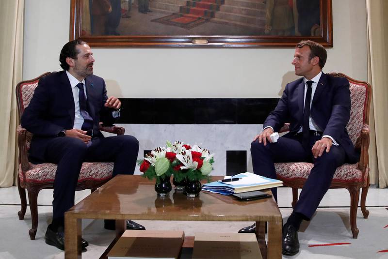 French President Emmanuel Macron meets former Lebanese prime minister Saad Hariri at the Pine Residence, the official residence of the French ambassador to Lebanon, in Beirut, Lebanon.  EPA