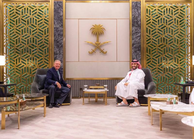Crown Prince Mohammed bin Salman meets US Senator Lindsey Graham of South Carolina in Jeddah on Tuesday.