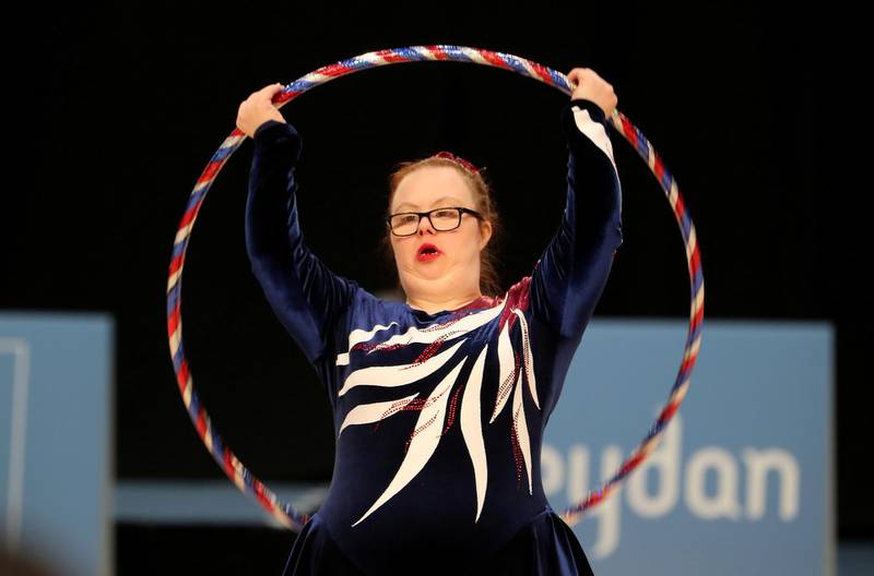 ABU DHABI , UNITED ARAB EMIRATES , March 19 – 2019 :- Caroline Jennison from Great Britain  participating in the Gymnastics (Rhythmic) at the Special Olympic games held at ADNEC in Abu Dhabi. ( Pawan Singh / The National ) For News/Instagram/Online/Big Picture