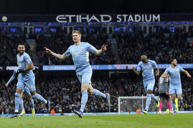 Kevin De Bruyne celebrates after scoring Manchester City's opening goal in their 6-3 Premier League win over Leicester City at the Etihad Stadium on Sunday, December 26. AP