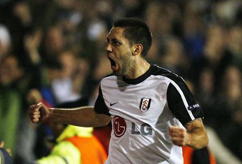 Fulham's American midfielder Clint Dempsey celebrates scoring a goal during their UEFA Europa League, round of 16, second leg football match against Juventus at Craven Cottage, London, on Thursday, March 18, 2010.