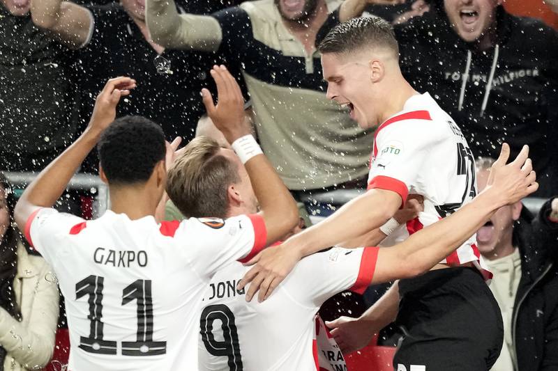 PSV Eindhoven's Joey Veerman celebrates after scoring the first goal in the 2-0 Europa League win against Arsenal at the Philips Stadium in Eindhoven, Netherlands, on October 27, 2022. AP