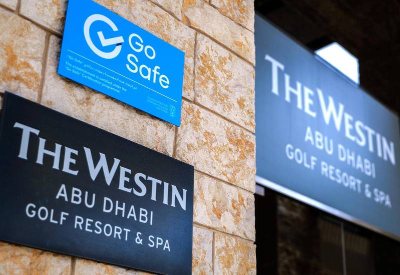 Abu Dhabi, United Arab Emirates, August 12, 2020.   Media Tour at The Westin Abu Dhabi Golf Resort & Spa on how tourism officials are conducting the go safe certification for hotels against Covid-19.   A "Go Safe" sign at the entrace gives hotel guests a certain sense of safety knowing that the hotel has been scrutinized and approved for Covid-19 safety measures.Victor Besa /The NationalSection:  NAReporter:  Haneen Dajani