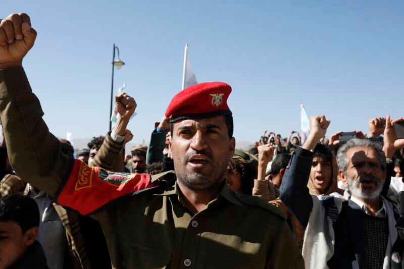 A pro-Houthi trooper shouts slogans in Sanaa, Yemen. EPA