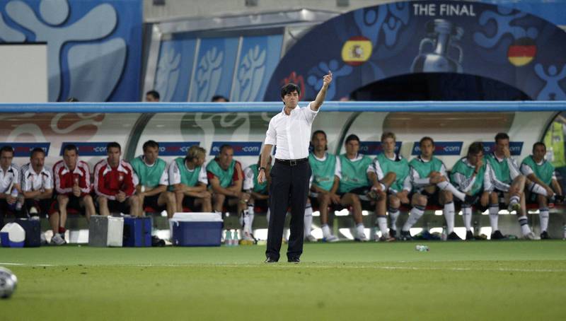Coach of the German national football team Joachim Loew gestures during the Euro 2008 championships final football match Germany vs. Spain on June 29, 2008 at Ernst-Happel stadium in Vienna, Austria. AFP PHOTO / PAUL ELLIS -- MOBILE SERVICES OUT -- (Photo by PAUL ELLIS / AFP)