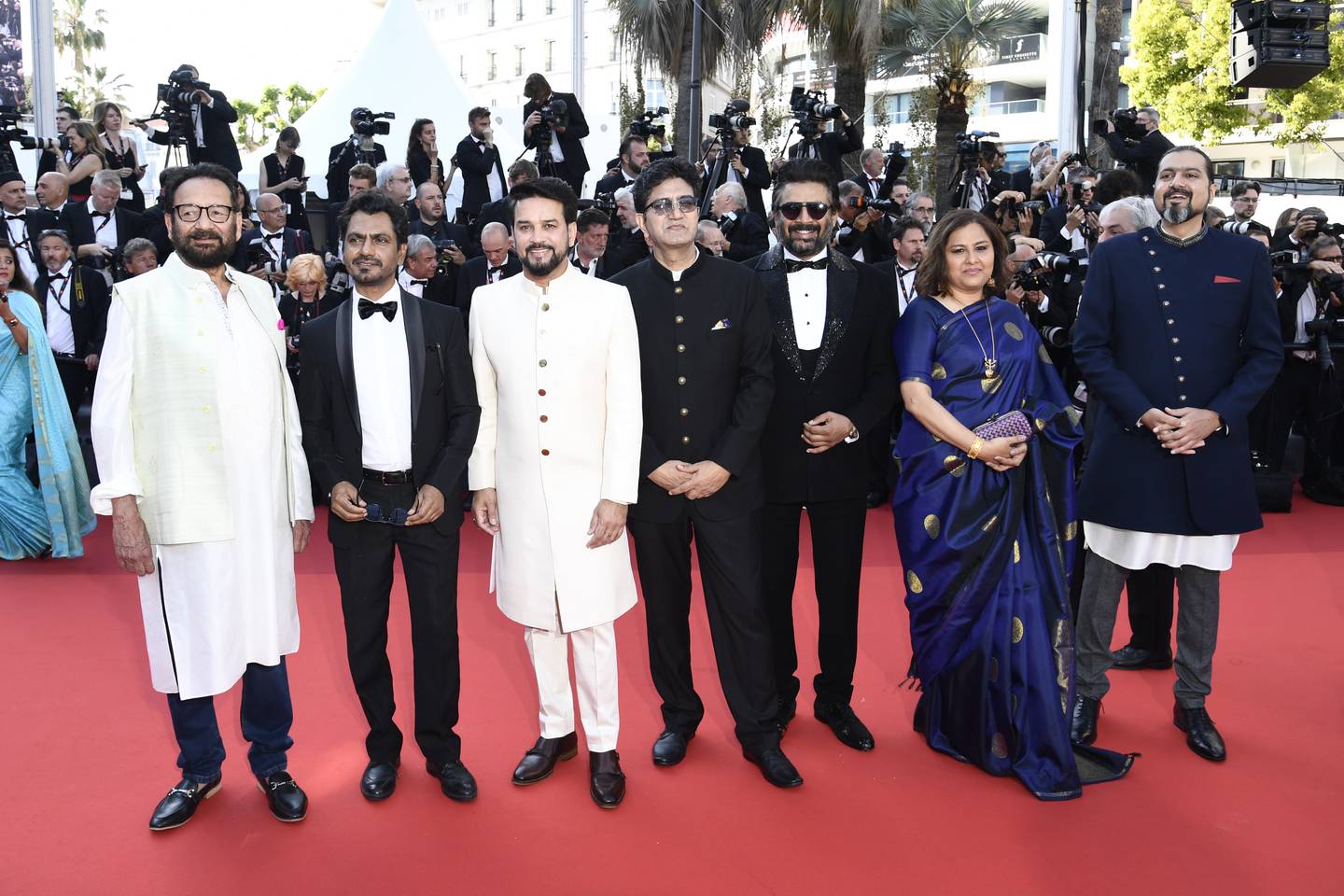 Director Shekhar Kapur, actor Nawazuddin Siddiqui, Indian minister Anurag Thakur, musician Prasoon Joshi, actor R Madhavan, politician Vani Tripathi and musician Ricky Kej on the opening night of the Cannes Film Festival. Getty Images