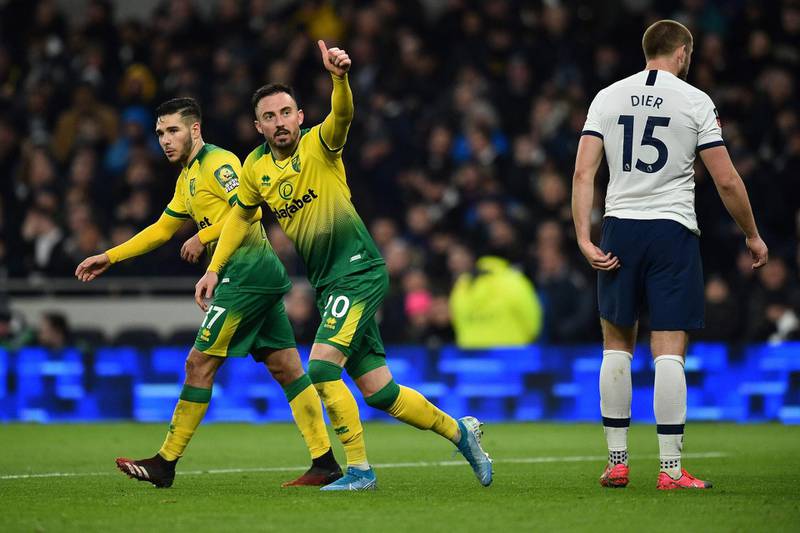 Norwich City's Swiss striker Josip Drmic celebrates after scoring past Tottenham's Eric Dier. AFP